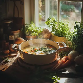 Homemade organic soup in a pot with vegetables and herbs in a cozy kitchen setting. - Image 3