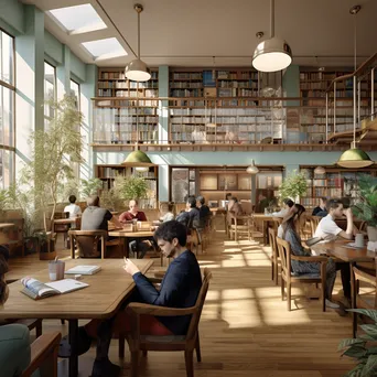 A café within a library where visitors enjoy coffee and reading. - Image 1