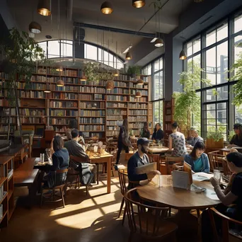 A café within a library where visitors enjoy coffee and reading. - Image 2