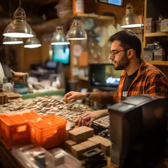 Cashier focused on counting cash at the register in a retail setting. - Image 1