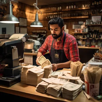 Cashier focused on counting cash at the register in a retail setting. - Image 4