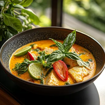 A vibrant Thai curry garnished with basil and lime on a decorative dish - Image 1