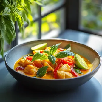 A vibrant Thai curry garnished with basil and lime on a decorative dish - Image 2