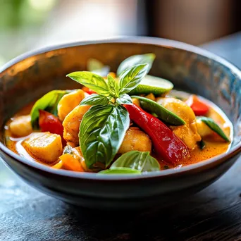 A vibrant Thai curry garnished with basil and lime on a decorative dish - Image 3