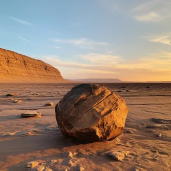 Isolated rock on sandy beach during sunset - Image 1