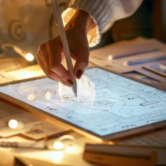 Hand using a tablet to create a digital prototype on a table. - Image 1