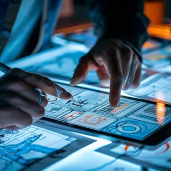 Hand using a tablet to create a digital prototype on a table. - Image 2