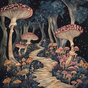 Gouache painting of an enchanted iridescent mushroom forest - Image 2