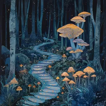 Gouache painting of an enchanted iridescent mushroom forest - Image 3