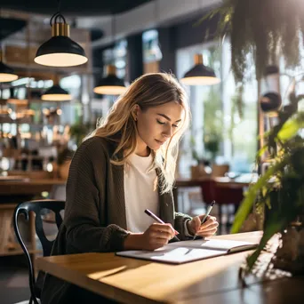 A professional taking notes with espresso in a stylish café. - Image 4