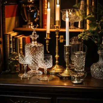 Antique brass candlesticks with candles, vintage crystal decanter on a bar cart - Image 3