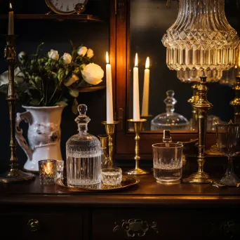 Antique brass candlesticks with candles, vintage crystal decanter on a bar cart - Image 4