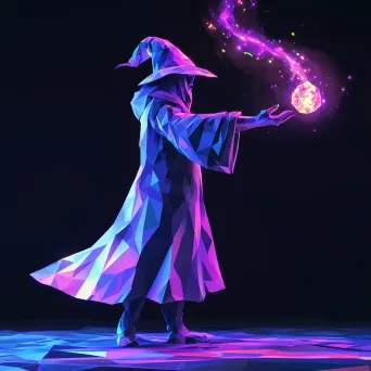 Low poly sorcerer with neon highlights casting a spell, influenced by pop art - Image 1