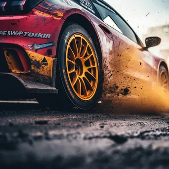 Close-up of a racing car tire kicking up dirt during a race - Image 3