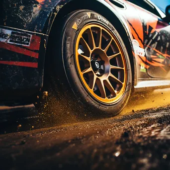 Close-up of a racing car tire kicking up dirt during a race - Image 4