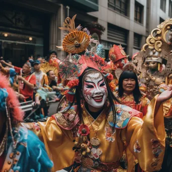 Parade with floats and performers in a colorful city celebration - Image 3