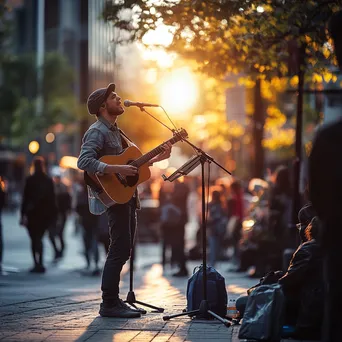 Solo singer with acoustic guitar performing on a street corner during sunset. - Image 1