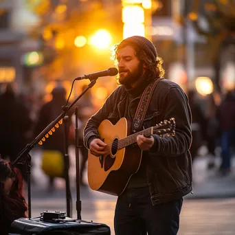 Solo singer with acoustic guitar performing on a street corner during sunset. - Image 3