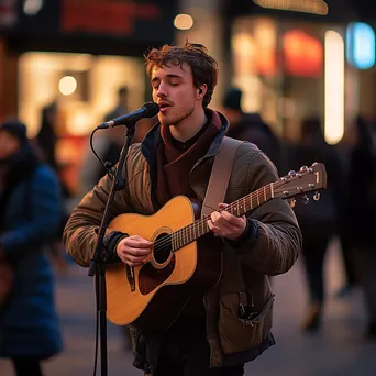 Solo singer with acoustic guitar performing on a street corner during sunset. - Image 4