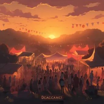 Image of a dynamic music festival with a large crowd and stages under a sunset - Image 3