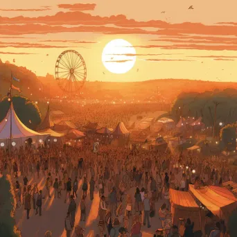 Image of a dynamic music festival with a large crowd and stages under a sunset - Image 4