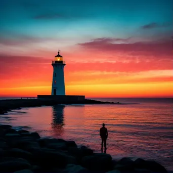 Silhouette of a lone lighthouse against a colorful sunset sky - Image 1