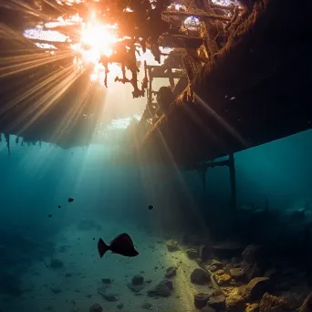 Wreckage of cargo ship with gliding rays underwater - Image 1