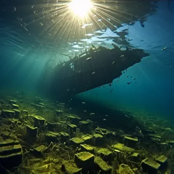 Wreckage of cargo ship with gliding rays underwater - Image 3