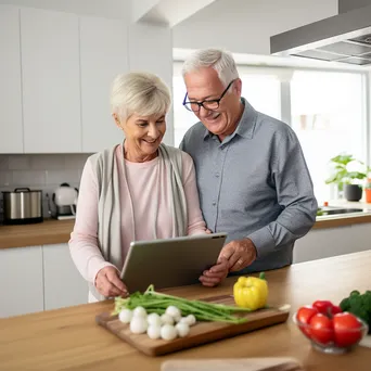 Elderly couple using a tablet for a telemedicine session in a bright kitchen. - Image 1