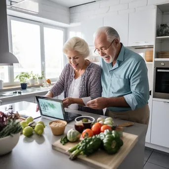 Elderly couple using a tablet for a telemedicine session in a bright kitchen. - Image 3