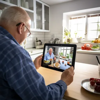 Elderly couple using a tablet for a telemedicine session in a bright kitchen. - Image 4