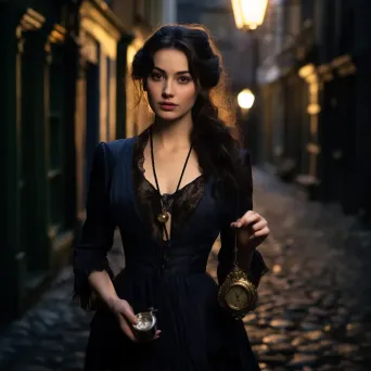 Portrait of a mysterious woman in Victorian attire with pocket watch in alley - Image 1