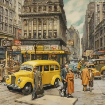 Image of a 1940s New York City street with yellow cabs and pedestrians in period clothing - Image 1