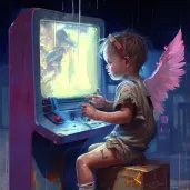 Cherub playing video game in neon-lit arcade - Image 1