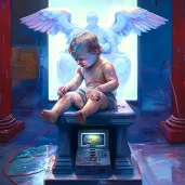 Cherub playing video game in neon-lit arcade - Image 3