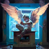 Cherub playing video game in neon-lit arcade - Image 4