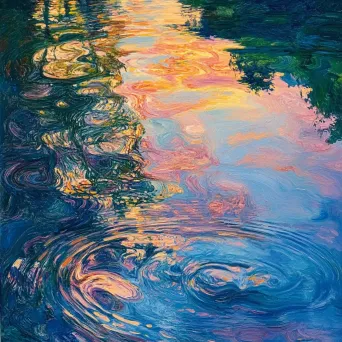 Oil painting of sunset reflection on an algae-covered lake - Image 1