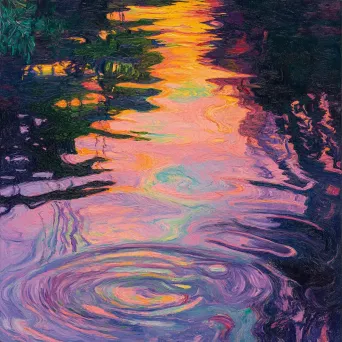 Oil painting of sunset reflection on an algae-covered lake - Image 3