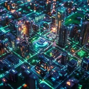 Aerial view of a futuristic city with glowing digital grids and parks, photographed with a Canon EOS R5. - Image 1