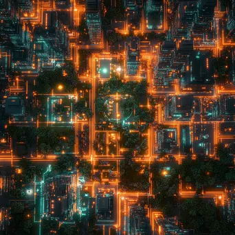 Aerial view of a futuristic city with glowing digital grids and parks, photographed with a Canon EOS R5. - Image 2