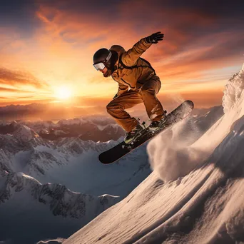 Snowboarder performing a trick in the air over snow-covered mountains during sunset - Image 1