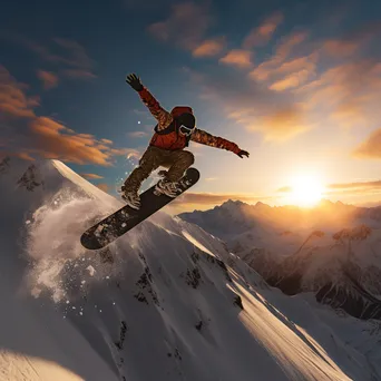 Snowboarder performing a trick in the air over snow-covered mountains during sunset - Image 2