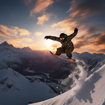 Snowboarder performing a trick in the air over snow-covered mountains during sunset - Image 3