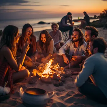 Friends sitting around a beach bonfire at dusk, illuminated by the warm glow of the fire. - Image 2