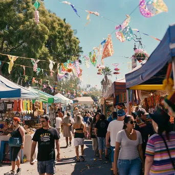 Crowd enjoying a vibrant street fair with performers - Image 1