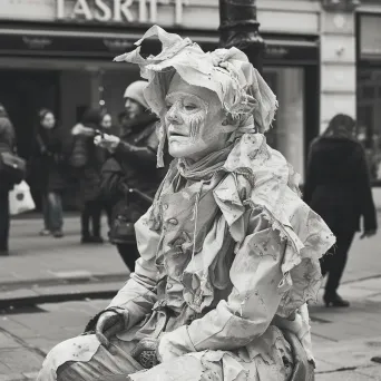 Skilled living statue performer in an elaborate costume blending with urban backdrop - Image 3