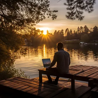 Digital nomad working on a laptop by the lake - Image 1