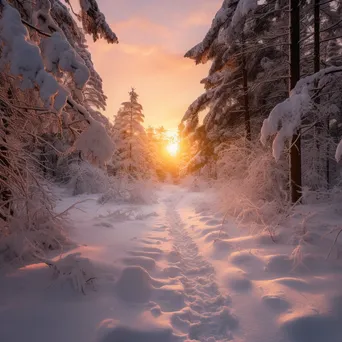 Snow-covered forest path under a pastel sunset sky - Image 1