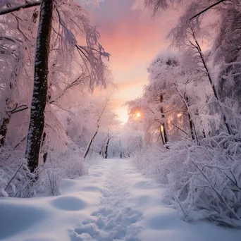 Snow-covered forest path under a pastel sunset sky - Image 3