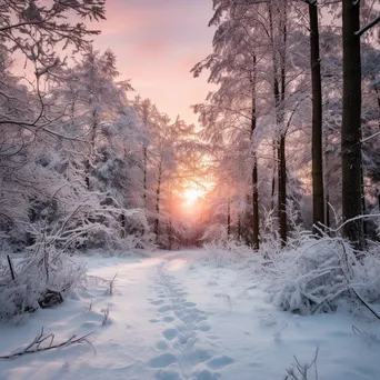 Snow-covered forest path under a pastel sunset sky - Image 4